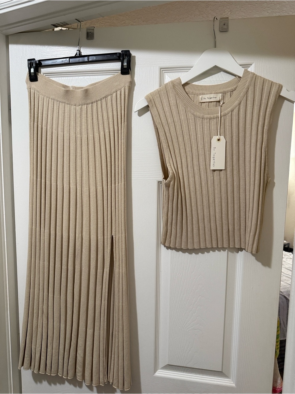 By Together Beige Ribbed Pleated Midi Skirt with Side Slit